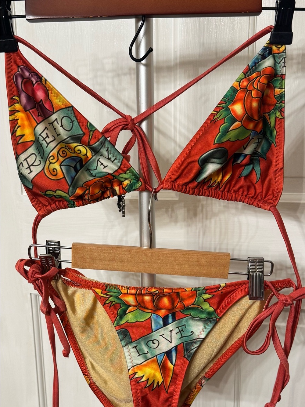 Ed Hardy Red Tattoo-Style Floral Tie Bikini Set.  Medium top, small bottom.